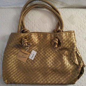 NEW Gold Woven Faux-Leather Handbag/Tote, Leopard Print Interior